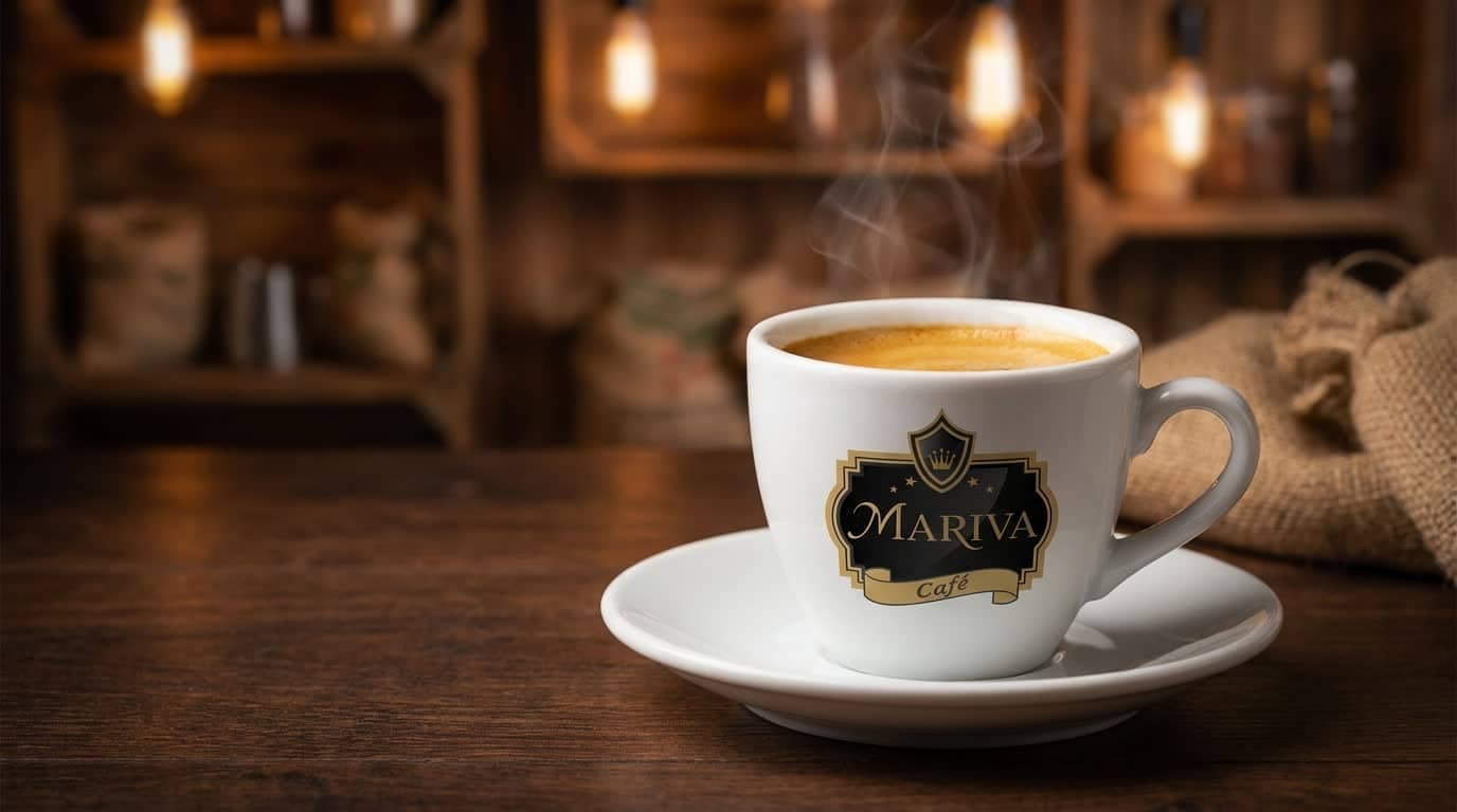 Ceasca de cafea cu logo-ul Mariva Cafe, espresso si crema aurie
